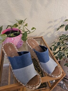 TOMS Two-Tone Denim Espadrille Wedge Slides